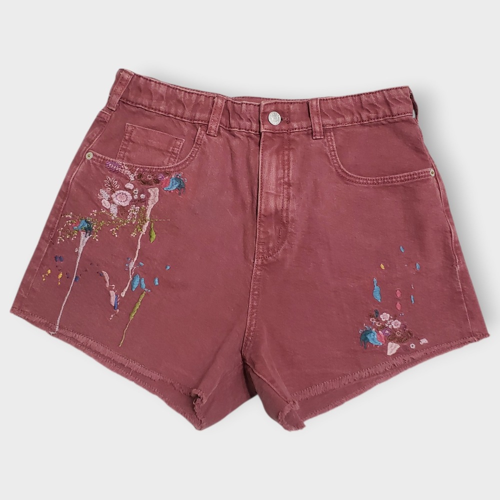 Anthropologie Pilcro Floral Embroidered Denim Cut Off Shorts Red High Rise Small